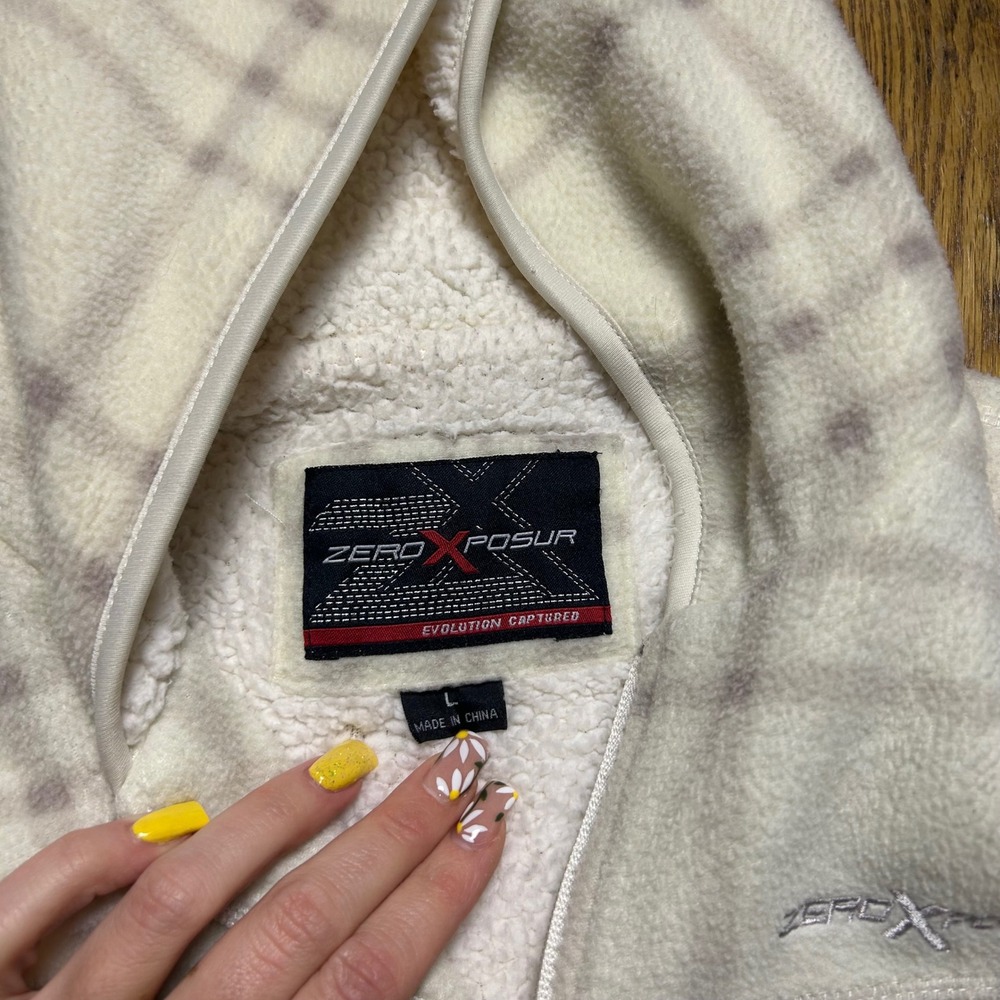 ZeroXposur Womens Plaid Fleece Hoodie Jacket Cream Sherpa Lined Full‎ Zip Large - Picture 3 of 5